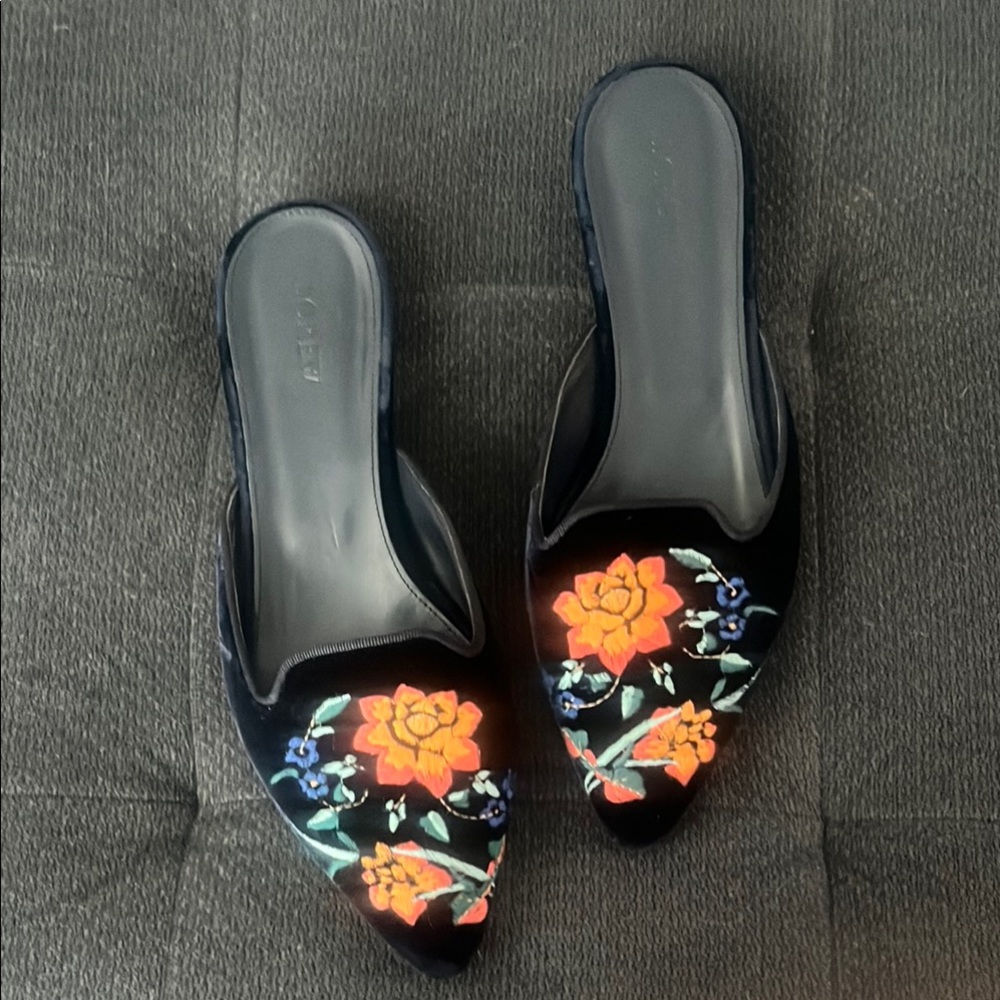 J Crew Embroidered Floral Black Mules